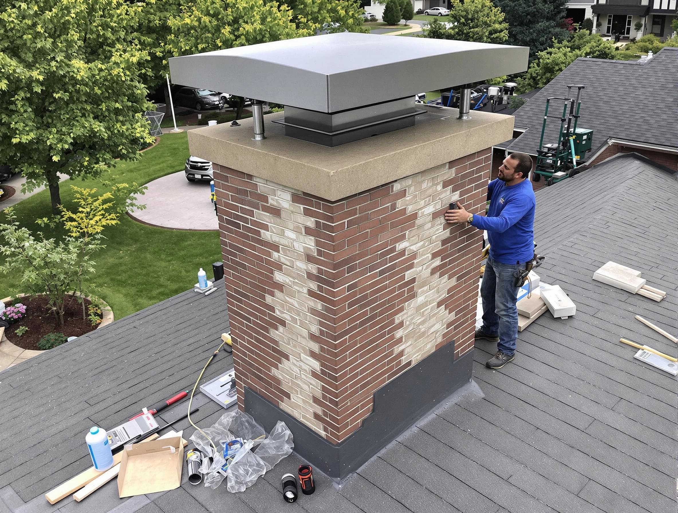 Lake View Chimney Sweep team working on a custom chimney remodel in Lake View, AL